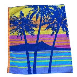 Vintage Welspun Beach Towel 100% Cotton Blue yellow pink palm trees